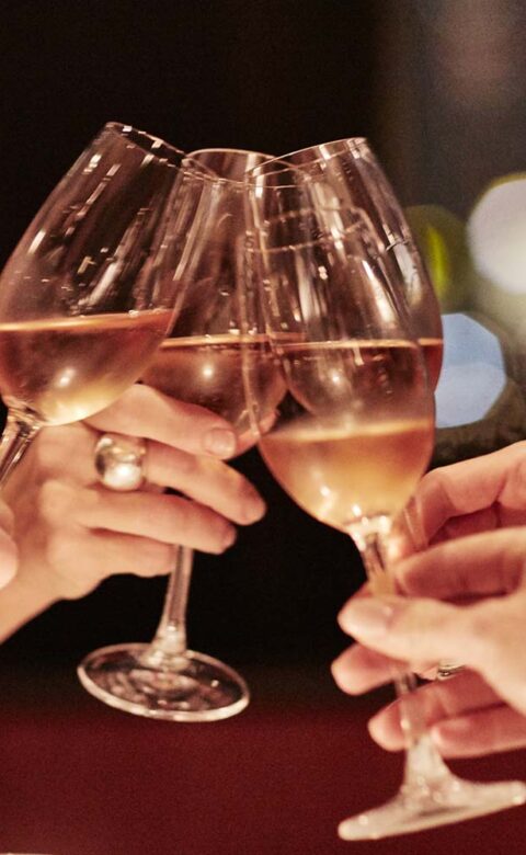 closeup of people clinking wine glasses